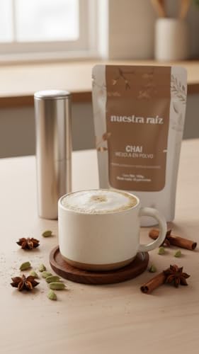 Nuestra Raíz | Chai Latte en polvo ingredientes 100% Naturales y Órgánicos | 100 gr | Sin Azúcar, Sin Lácteos, Sin Saborizantes, Sin Glúten, Sin Conservadores, Sin colorantes | Mezcla de Jengibre Orgánico, Canela de Ceylán Orgánica, Cardamomo, Clavo, Nuez Moscada y Pimienta Orgánica | Hecho en México
