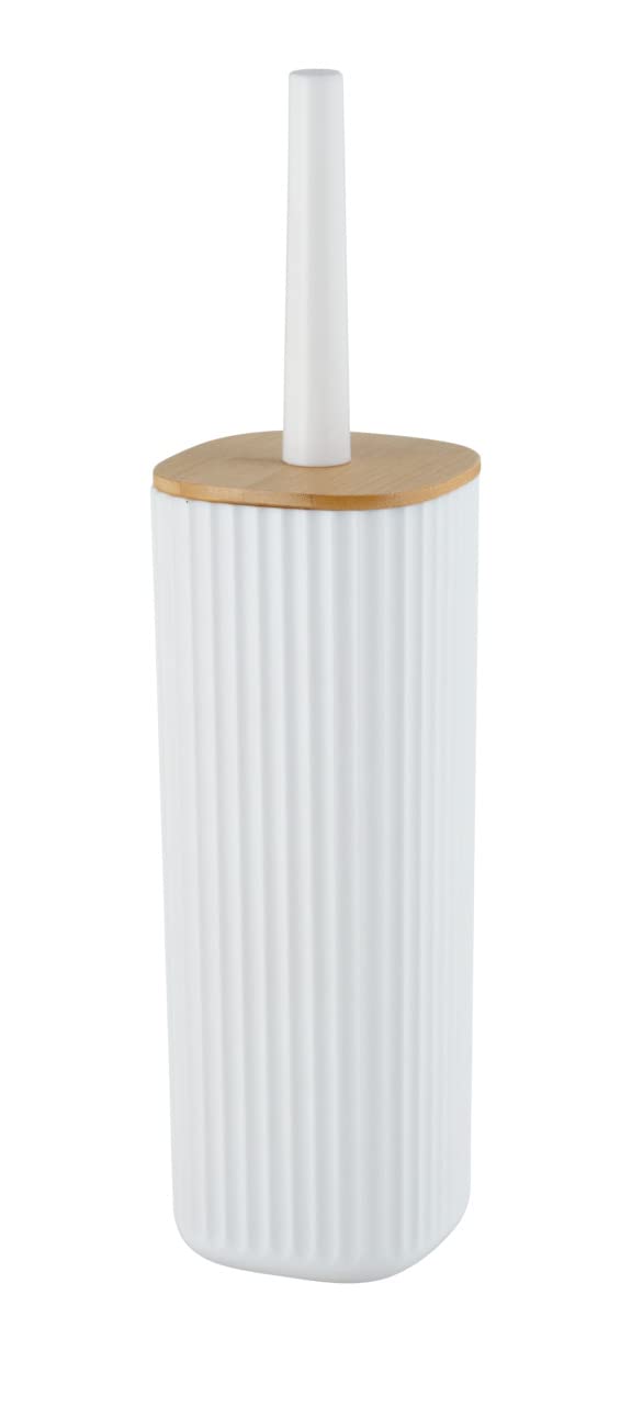 WENKO Rotello toilet brush set, closed toilet brush holder made of plastic with bamboo lid and grooved structure, Ø 10 x 36 cm, WC brush included, brush head replaceable, white/natural