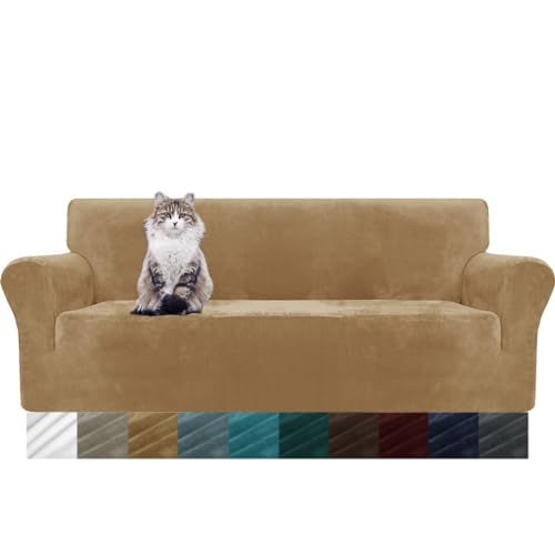 MAXIJIN Thick Velvet Sofa Cover for 3 Seater, Super Elastic Non-Slip Sofa Cover, Pet Friendly 1 Piece Furniture Protector (3 Seater, Camel)