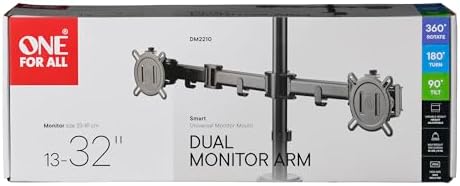 Brazo Universal para Dos monitores One For All para Pantallas de 13" a 32" - VESA 75/100 mm - Ajuste de Altura - Inclinación (90°), Giro (180°) y rotación (360°) - Peso máximo: 8 kg - Negro (DM2210)