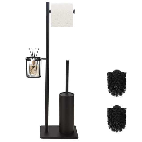 DAZI Toilet Brush Set with Toilet Paper Holder and Storage Basket, Stainless Steel Toilet Brush Freestanding, 3 in 1 Floor Standing Toilet Paper Holder Minimalist Style Space Saving
