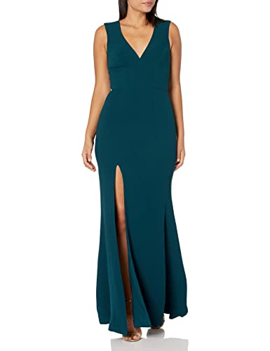Dress the Population Women's Sandra Plunging Thick Strap Solid Gown with Slit Dress, Pine, S