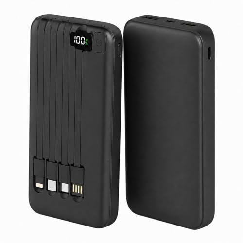 Power Bank Carregador Portátil Universal 20000mAh com Cabos Integrados USB-A, USB-C (Type-C), Micro-USB e USB-Light Carregamento Rápido Bateria Externa Compacta para Celular Android iOS(preto)