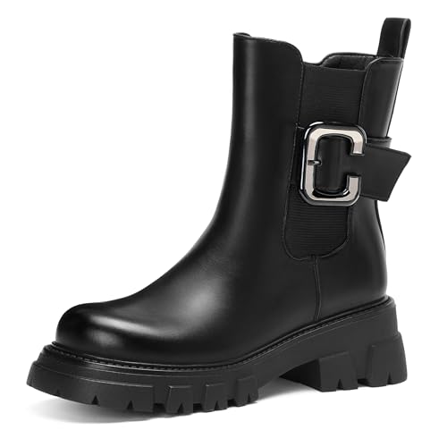 CouieCuies Chelsea Boots for Women Round Toe Combat Boots Comfortable Chunky Thick Sole Biker Boot Zipper 6 at Amazon