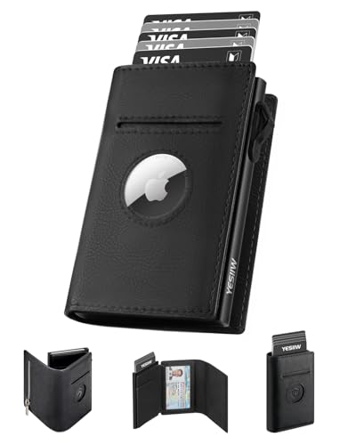 YESIIW AirTag Men's RFID Blocking Leather Wallet with Pop-up Credit Card Holder with Coin Pocket for Money (Black)