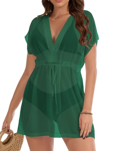 CHICGAL Womens Swimsuit Cover Ups Beach V Neck Coverup Dress,Black,Green,M at Amazon