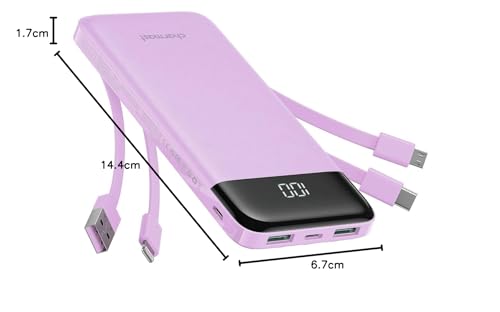 Portable Charger with Built in Cables, Portable Charger with Cords Wires Slim 10000mAh Travel Essentials Battery Pack 6 Outputs 3A High Speed Power Bank for iPhone Samsung Pixel LG Moto iPad (Purple)