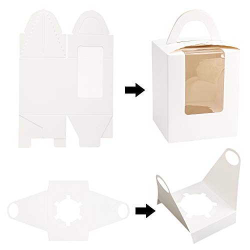 White Cupcake Boxes,50pcs Single Cupcake Carrier with Window Insert and Handle Kraft Pastry Containers Muffins Cupcake Carriers for Bakery Wrapping Party Favor Packing