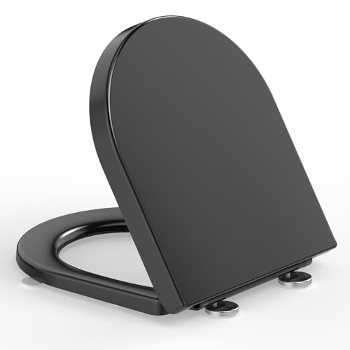 YEAUPE PRO Toilet Seat with Soft-Close Mechanism, D-Shape [Short], Toilet Lid with Puller Lid, Toilet Seat with Quick Release Function for Easy Cleaning, 150 kg Load Capacity, Black, 42.5 x 36.3 cm