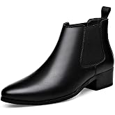 Men'S Leather Chelsea Boots Pointed Toe Chunky Heel Ankle Dress Boots | Classic Elastic Side Panels With Low Heel Comfort Side Zipper Casual Boots For Office, Business Casual,Weddings,Everyday Wear