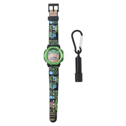 Lucasfilm Star Wars Baby Yoda Kids Digital Watch Set - LED Flashing Light, LCD Watch Display, with Keyshain Flashlight, Kids, Boys Watch, Plastic Strap in Balck (Model: MNL40014AZ)