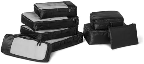 Lot d’Accessoires de Voyage, 8 Housses de Rangement, Organisateur de Bagages avec Double Fermeture à Glissière, 100% Polyester, Plusieurs Dimensions, Noir