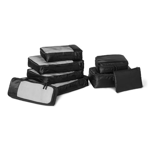 Lot d’Accessoires de Voyage, 8 Housses de Rangement, Organisateur de Bagages avec Double Fermeture à Glissière, 100% Polyester, Plusieurs Dimensions, Noir
