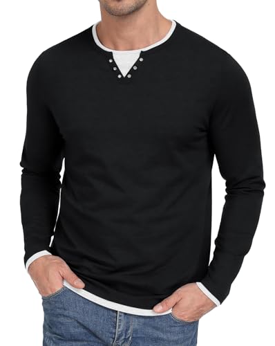 Hisir Mens Shirts Long Sleeve T Shirt Cotton Regular Fit Layered Color Block Henly Neck Casual Tops for Autumn and Winter (Black, S)