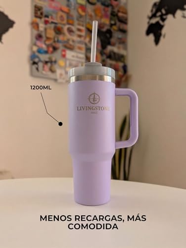 Livingstone1855 1.2 L Thermal Cup, Keeps 24 Hours Cold / 12 Hours Hot, 304 Stainless Steel Thermos Flask with Handle and Straw, Leakproof, Large Reusable Thermal Cup, BPA Free, Ideal for Gym, Office