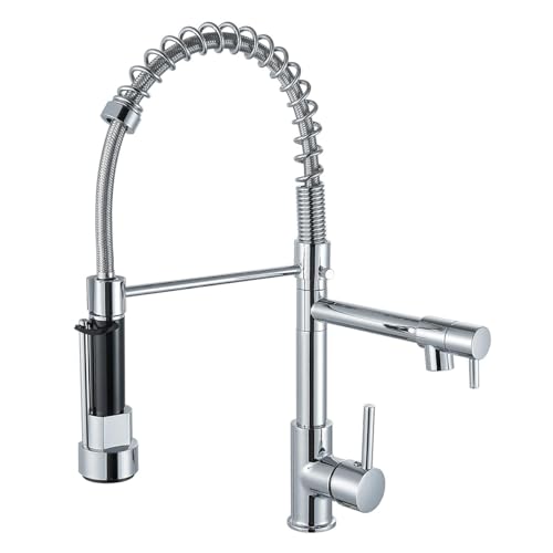 Cooltens Grifo para Fregadero de Cocina, Grifo Giratorio de Salida de Modo Dual, Grifo con Rociador de Resorte Extraíble para Mezclar Agua fría y Caliente, Profesional, Cromo