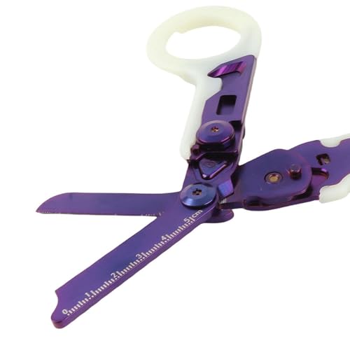 Herramientas de Tijeras de Rescate para Acampar, corte de trauma plegable con interruptor de vidrio de acero inoxidable Manija luminosa de trauma plegable para al aire libre (Púrpura)