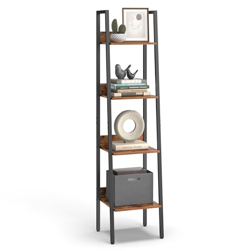 VASAGLE Bookshelf, 4-Tier Narrow Book Shelf, 11.8 x 13.3 x 55.1 Inches, Ladder Shelf for Home Office, Living Room, Bedroom, Kitchen, Rustic Brown and Ink Black ULLS108B01