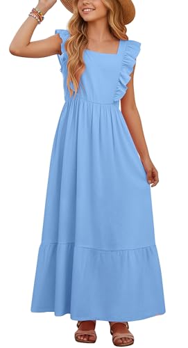 Happy Cherry Girls Summer Ruffle Sleeve Casual Bow Tie Dress Blue 14-15Y at Amazon