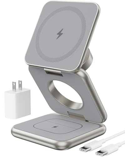 KU XIU Foldable 3 in 1 Charging Station for Apple, X40 Aluminum Alloy Magnetic Wireless Charger, Portable Travel Charger for iPhone 16 15 14 13 12 Series, AirPods 3/2/Pro, iWatch-Natural Titanium