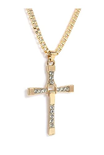 5665 Gold Necklace with Fast & Furious Crucifix Pendant, Unisex Steel Fashion Gift, Copper Chain