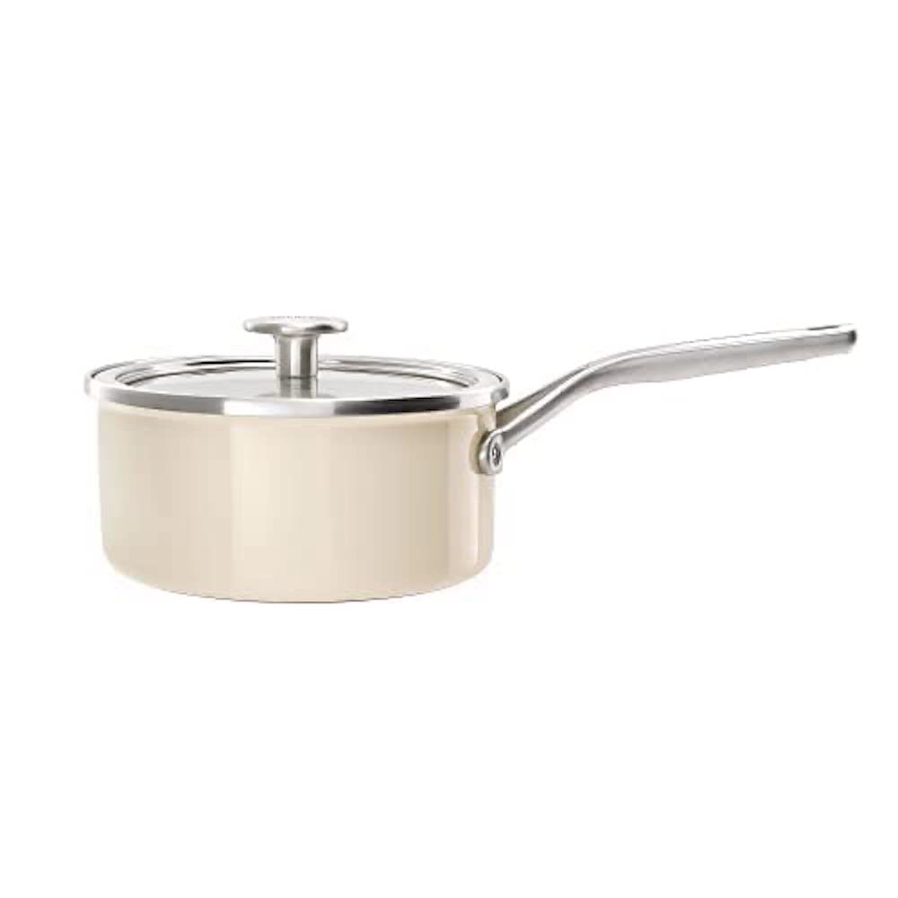 KitchenAid Steel Core Enamel 18 cm/2 Litre Saucepan with Lid, German Engineered Enamel, Induction, Oven Safe, Almond Cream