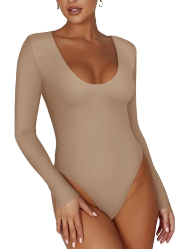 REORIA WOMEN’S FALL SEXY CASUAL SCOOP NECK LONG SLEEVE DOUBLE LINED STRETCHY SHIRT TOPS SLIMMING GOING OUT THONG BODYSUITS KHAKI LARGE