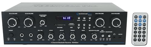 Technical Pro RX400X4 1600W 4-Channel Bluetooth Home Audio Receiver, Powers 8 Speakers, USB/SD/AUX/RCA Inputs, Dual Mic Inputs with Echo/Delay, Perfect for Home Entertainment Systems