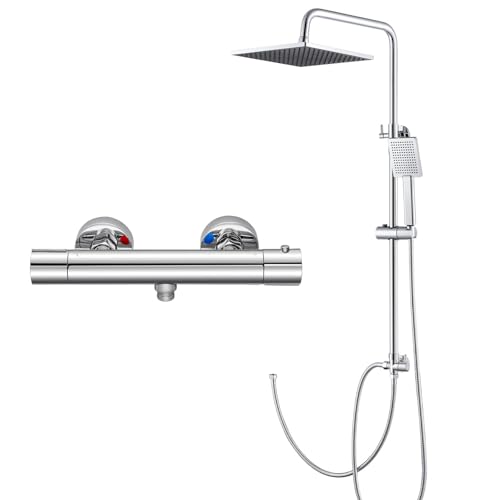 Auralum Duscharmatur mit Thermostat, Duschsystem mit Quadratischer Regendusche (25x25cm), Handbrause, Thermostat und Höhenverstellbarer Duschstange, E