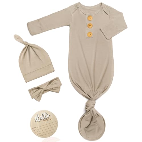 Soft Baby Knot Gown 0-3 Months, Newborn Announcement Sleepers With Mitten Cuffs and Personalized Wooden Name Tag