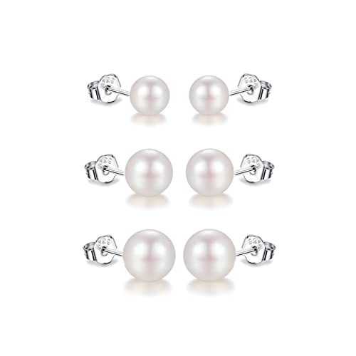 3 Pairs Pearl Earrings Set 925 Sterling Silver Real White Button Freshwater Cultured Pearl Stud Earrings For Women 6mm 8mm 10mm Pack