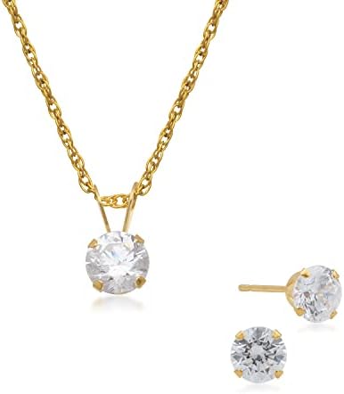 Jewelili 10K White and Yellow Gold MM Round Cubic Zirconia