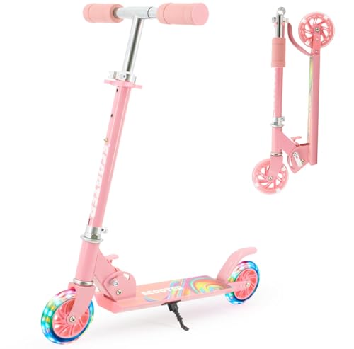 TENBOOM Scooter Toys para niños de 6 a 12/3 a 5 años, carga máxima 220 libras, patinete plegable y ligero con ruedas iluminadas, soporte, 3 niveles ajustables, freno trasero, rosa
