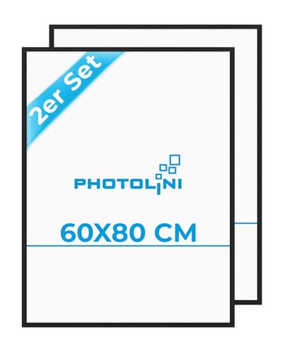 PHOTOLINI Bilderrahmen 60x80 Schwarz, 2er Set Bilderrahmen 60x80 Holz MDF, Posterrahmen 80x60 mit bruchsicheres Acrylglas zum Aufhängen & Zubehör - 60