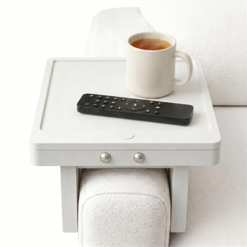 Chelo Sofa Armrest Tray - Rigid Side Table with Built-in Storage for Smartphone, Remote Control & Drink - Fits 16-29 cm Armrest - Non-Slip, White