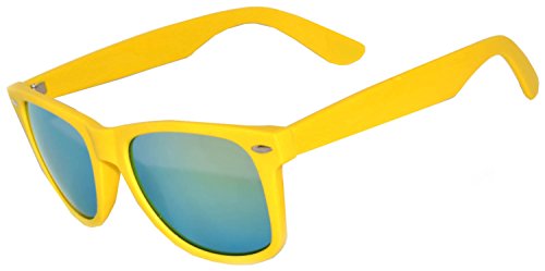 1 Pair Mirrored Reflective Blue Lens Sunglasses Yellow Matte Frame Horn Rimmed Style