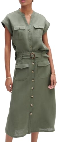 Caroll - Falda de Lino de Longitud Media, Verde y Caqui, Talla 36