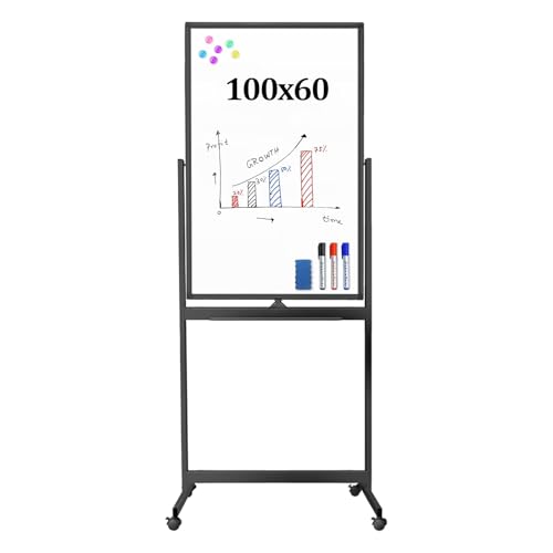 60x100Cm Magnetic Mobile White Board, Double Sided Dry Erase Board Rolling Whiteboard, Standing Whiteboard on Wheels for Home Office Classroom & Home, Black
