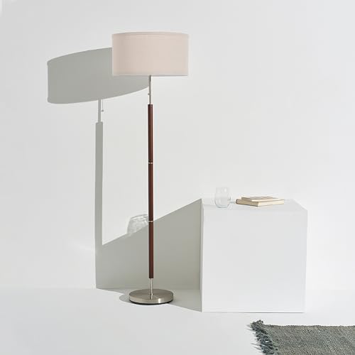 Brightech Carter LED Floor Lamp, Drum Shade with Walnut Wood Finish, Great Living Room Décor, Mid-Century Light for Living Rooms & Offices, Mid Century Modern Lamp for Bedroom