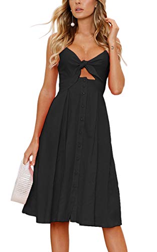 ECOWISH Women 2025 Summer Dresses Tie Front V-Neck Spaghetti Strap Button Down A-Line Backless Swing Midi Dress(809 Light Blue(decorative Buttons)) - ECOWISH
