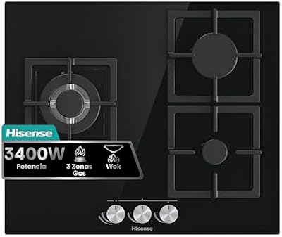 Hisense gg633b - placa a gás natural, 3 zonas, 60 cm, grelha em ferro fundido e vidro temperado preto, autoignição integrada nos comandos, segurança gasstop, fácil limpeza