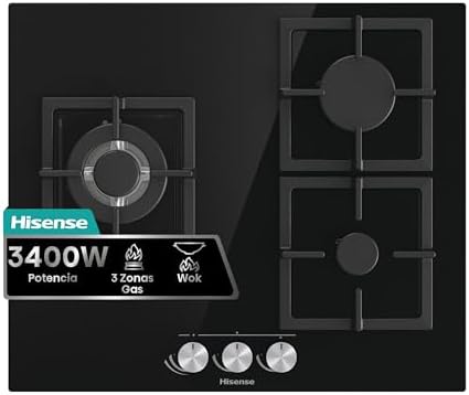 Hisense gg633b - placa a gás natural, 3 zonas, 60 cm, grelha em ferro fundido e vidro temperado preto, autoignição integrada nos comandos, segurança gasstop, fácil limpeza