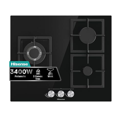 GG633B - Placa de Gas Natural, 3 Zonas, 60 cm, Parrilla de Hierro Fundido y Cristal Templado Negro, Autoencendido Integrado en los mandos, Seguridad GasStop, Fácil limpieza