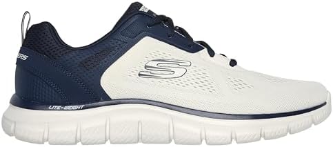 Seguimiento Más Amplio, Zapatillas de Deporte Hombre, Malla de Poliuretano de Ingeniería Blanca Rota con Ribete Azul Marino, 43 EU