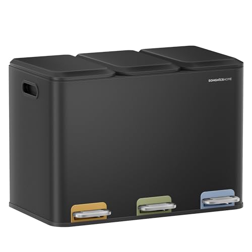 SONGMICS HOME Mülleimer Küche, Mülltrennsystem, 3 x 15 L Fächer, Stahl
