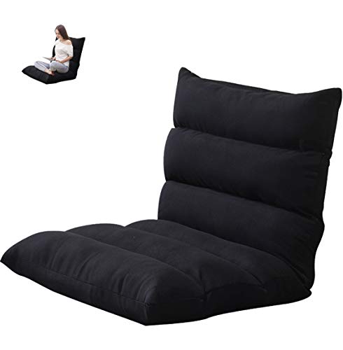 Gluckluz Floor Chair Foldable Lounger Chair Folding Lazy Sofa Gaming Chair Adjustable High Back Couch Recliner for Patio Deck Indoor Outdoor Bedroom Living Room Office Balcony Teens Adults Sleep Black