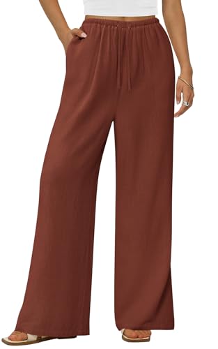 PRETTYGARDEN Summer Wide Leg Linen Pants Women with Pockets High Waist Drawstring Loose Casual Palazzo Lounge Pants Women