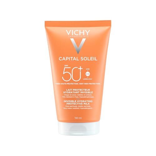 Vichy Capital Soleil Leche protectora solar hidratante invisible SPF50+, protección contra los rayos UVA+ UVB y UVA largos, 150 ml