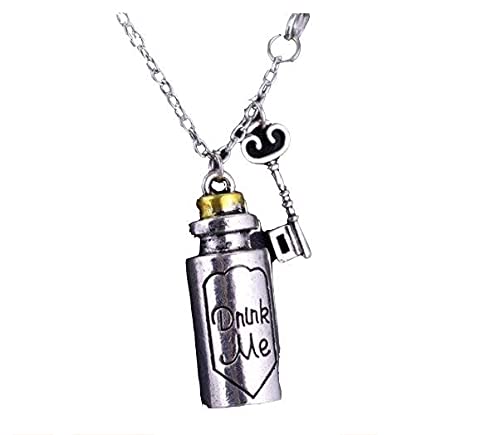 CrownOfRibbons Bottle and Key Charm Pendant Necklace, Alice in Wonderland Fairytale Jewellery for Women and Girls