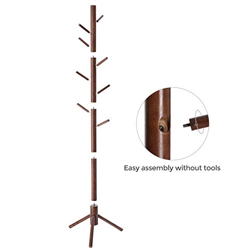 VASAGLE Coat Rack Freestanding, Coat Tree, Solid Wood Coat Stand with 8 Hooks for Coats, Hats